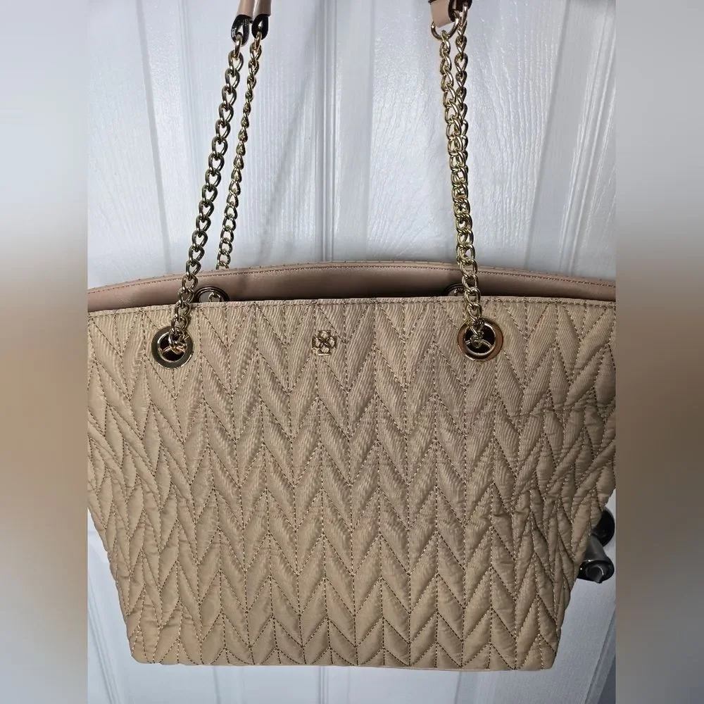 Ann Taylor Quilted Beige Tote with Gold Chain- Read Description